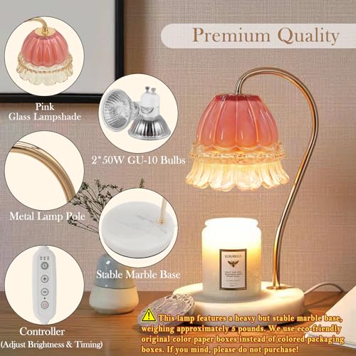 Candle Warmer Lamp with Timer, Dimmable Glass Flower Design, Marble Base W75869