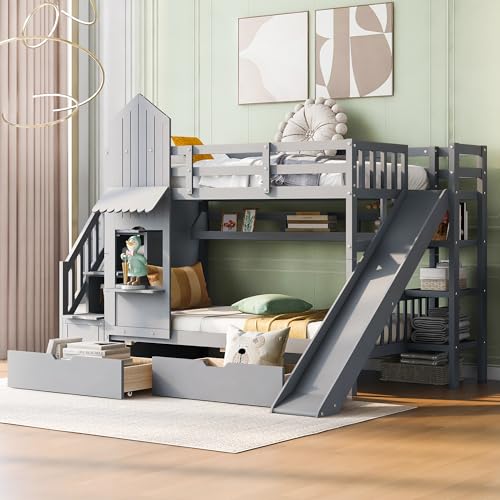 Kids Bunk Bed with Stairs and Slide, Twin Over Twin, Gray E77813