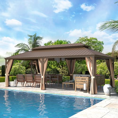 12x16 ft Hardtop Gazebo with Galvanized Steel Roof, Curtains and Netting V821