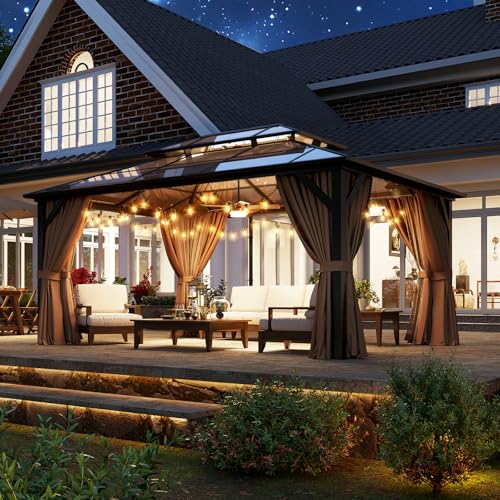 12x16 Hardtop Gazebo with Netting and Curtains, Aluminum Frame, Polycarbonate Roof N71921