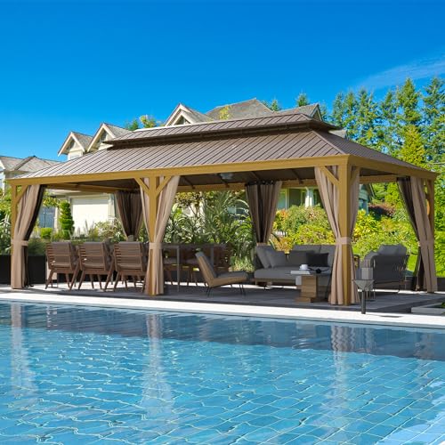12x16 ft Hardtop Gazebo with Galvanized Steel Roof, Curtains and Netting V821
