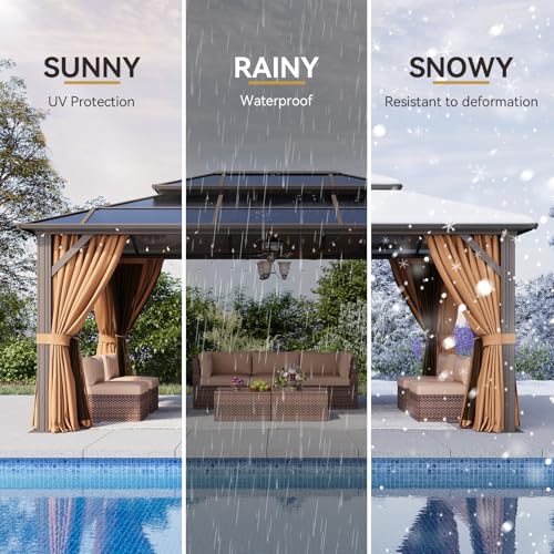 12x16 Hardtop Gazebo with Netting and Curtains, Aluminum Frame, Polycarbonate Roof N71921