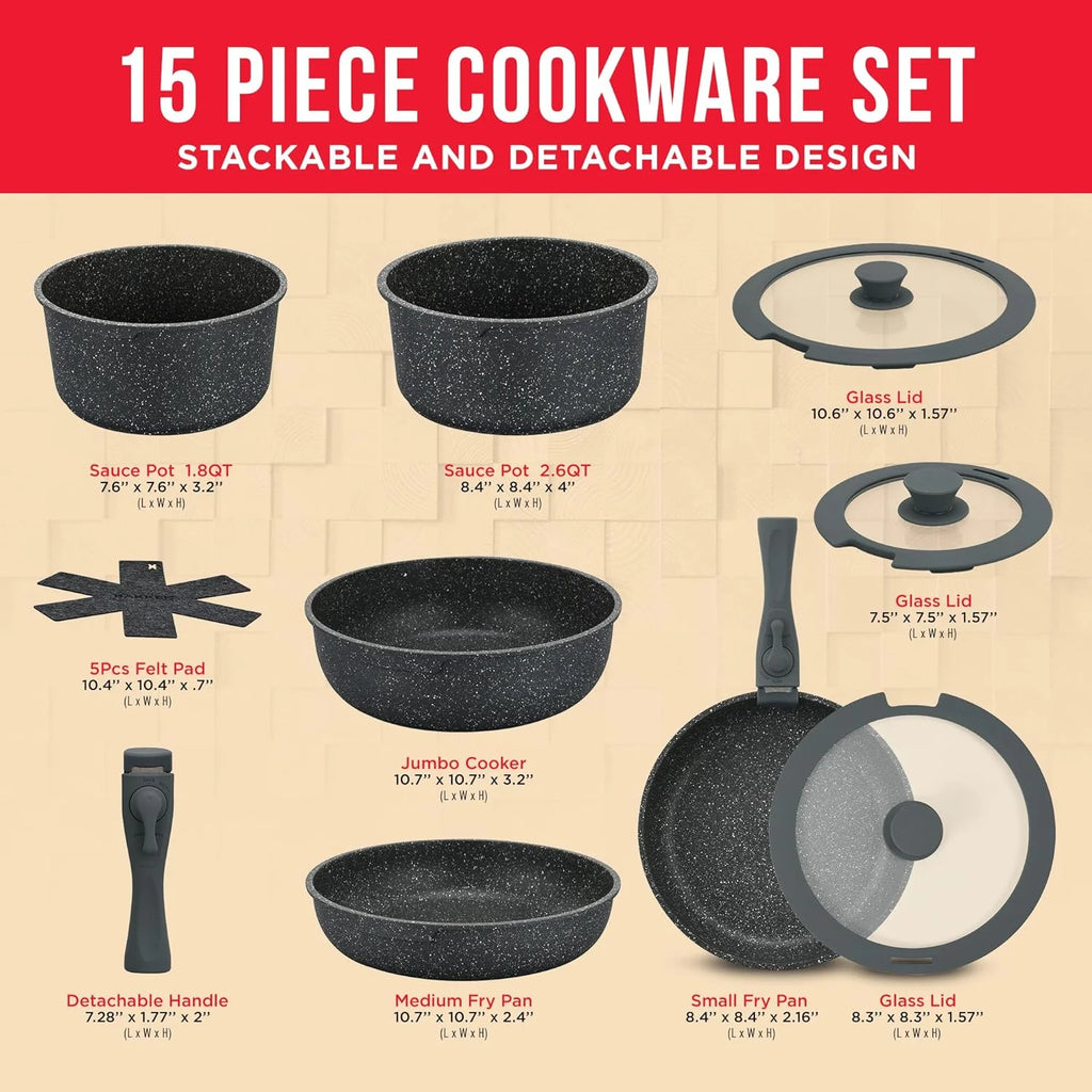 Detachable 15-Piece Cookware Set, Granite Non-Stick, Oven-Safe M216