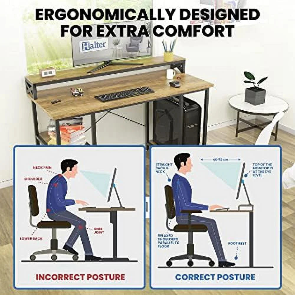 Industrial Computer Desk with Monitor Shelf, 55 Inch, Walnut and Black G1348