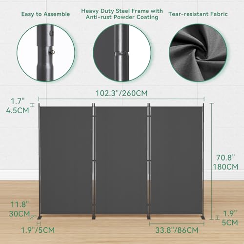 8-Panel 6 ft Tall Indoor Folding Room Divider, Portable Privacy Screen, Freestanding Partition, Dark Grey K442