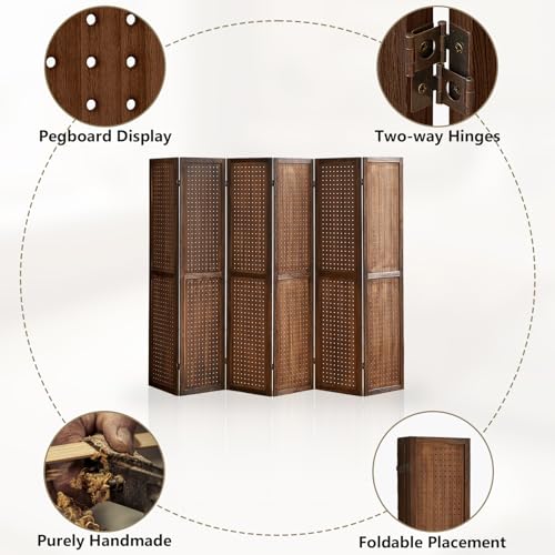 Wooden Pegboard Room Divider, 5.6Ft Folding Privacy Screen P5676