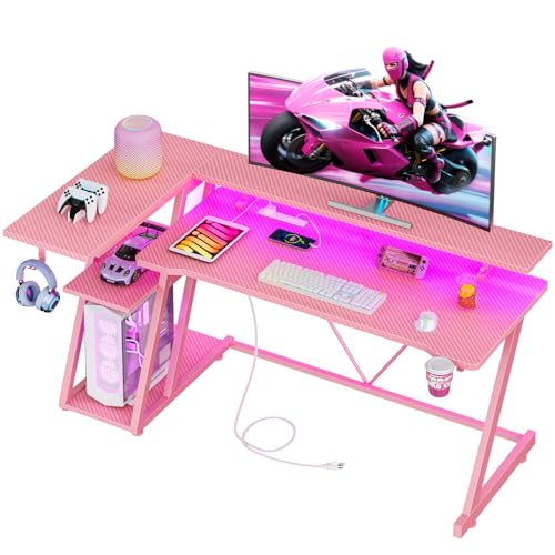 L Shaped Gaming Desk with Power Outlet and LED Lights T64283