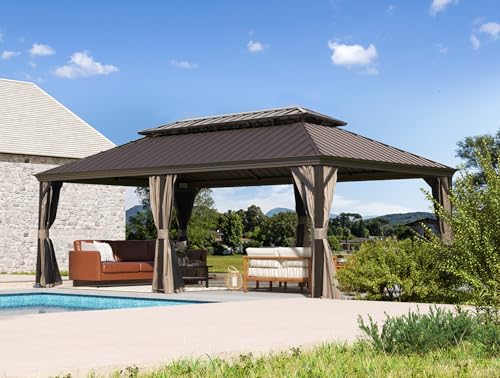 10 x 10 ft Hardtop Gazebo with Netting and Curtains, Galvanized Steel Roof for Patio and Garden X50618