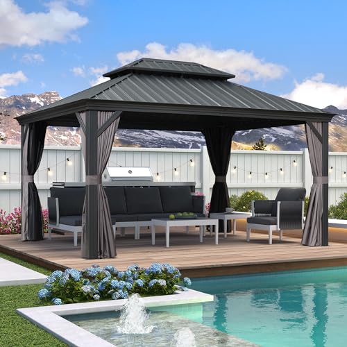 10' x 14' Permanent Hardtop Gazebo with Galvanized Steel Double Roof, Curtains and Netting Included M96664
