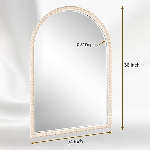 24"x36" Arch Wall Mirror with White Wooden Beads, Rustic Distressed S935