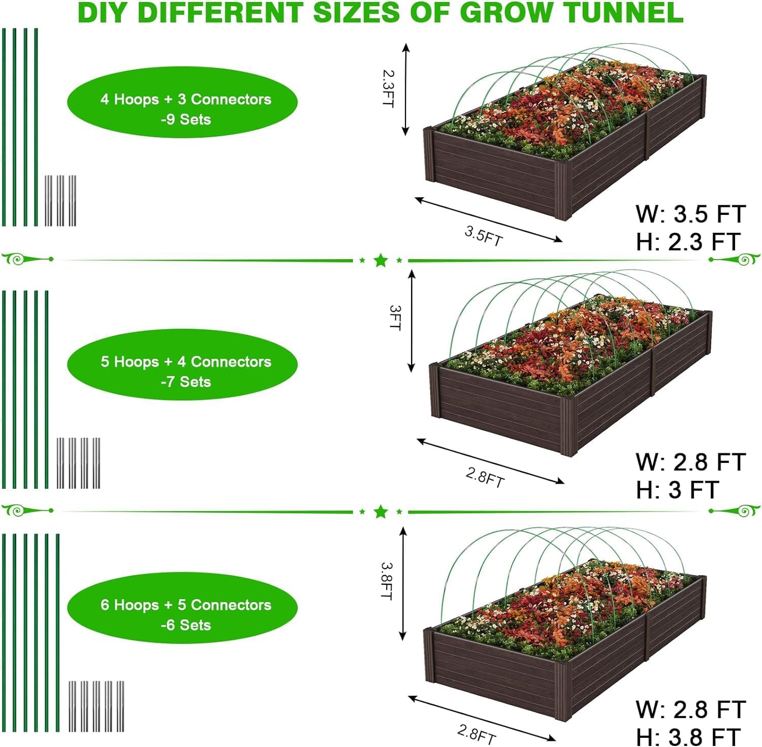 Garden Hoops for Raised Beds, 8ft Greenhouse Grow Tunnel with Clips J37588
