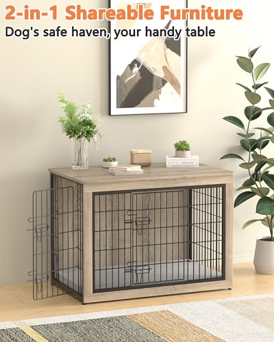 Dog Crate Furniture with Cushion, Heavy-Duty Metal Mesh, Wooden End Table with Double Doors, Indoor Kennel for Small Breed, Grey K856