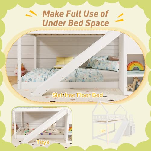 Twin Over Twin Bunk Bed with Slide and Stairs, Wood, White F9999