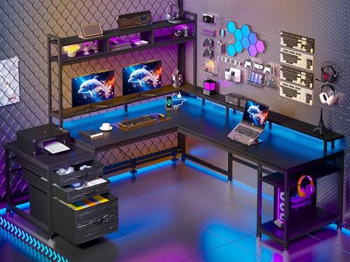 L Shaped Gaming Desk with Storage Shelves and LED Light U926701