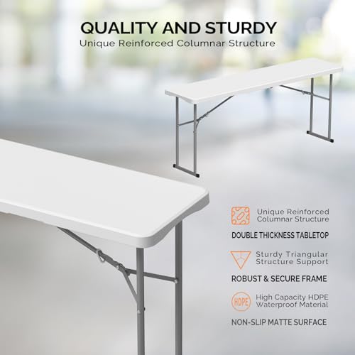 6 FT Narrow Folding Table, HDPE Tabletop with Metal Frame, White K503