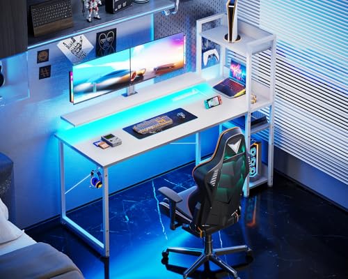 Reversible Gaming Desk with USB Charging Port and LED Lights, 40 Inch Computer Desk with Storage Shelves C134