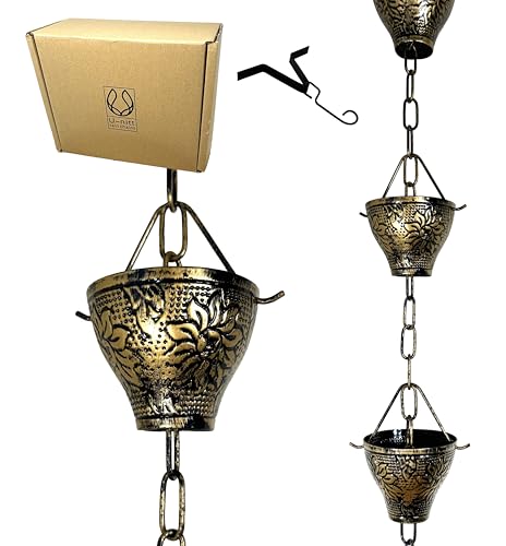 Rain Chains for Gutters | Rainwater Catcher & Diverter | 8.5ft Metal Rain Chain | Black Powder Coated w/Embossed Sunflower Cup | Roof Gutter Chain Downspout | DIY Rain Chain Installation Kit