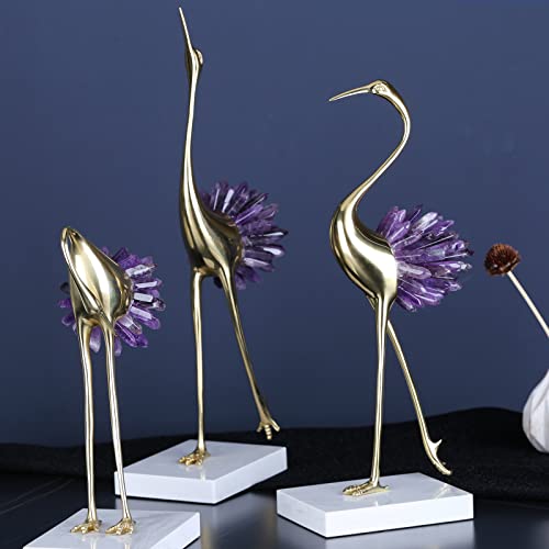 Gold Crane Bird Statue with Crystal Tail Accents, Brass Figurine for Home Decor P83593