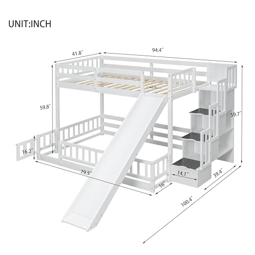 Twin Over Full Bunk Bed with Slide and Storage Stairs F8078