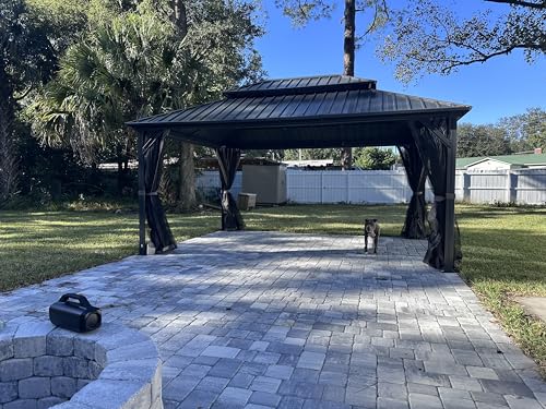 10 x 10 ft Hardtop Gazebo with Netting and Curtains, Galvanized Steel Roof for Patio and Garden X50618