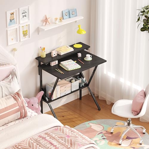 Small Desk with Adjustable Monitor Stand for Small Spaces, Grey D8453