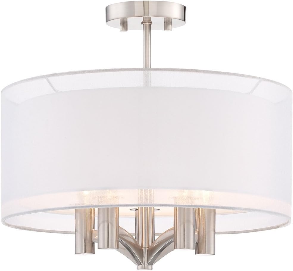 Possini Euro Design Caliari Modern Ceiling Light Semi Flush Mount Fixture Brushed Nickel 18" Wide 5-Light Sheer Silver White Linen Double Drum Shade for Bedroom Kitchen Living Room Hallway Bathroom
