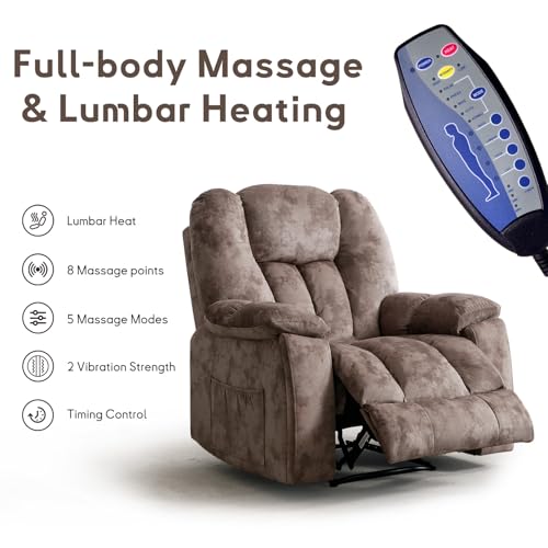 Manual Recliner Chair for Adults with Massage and Heat, Fabric, Brown C9569