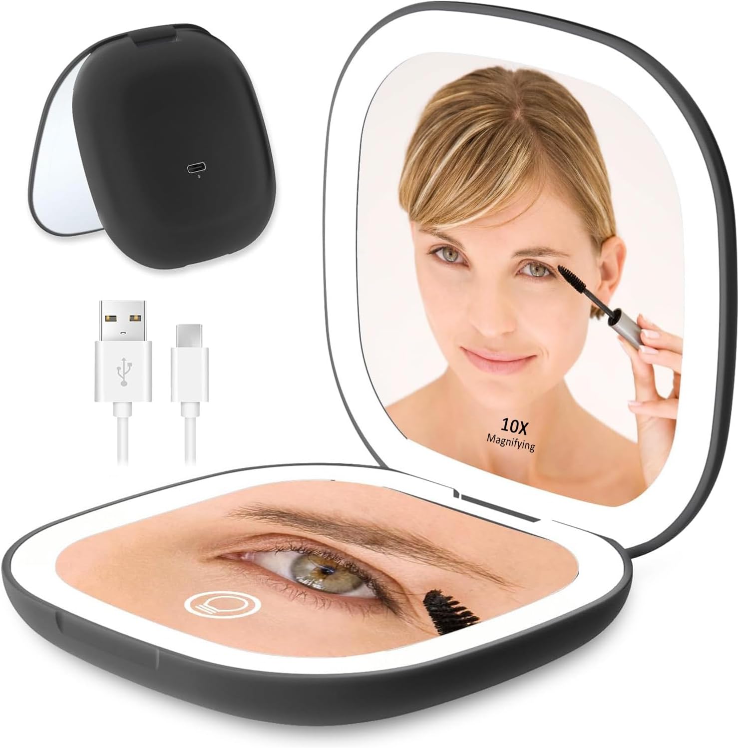 Compact Travel Makeup Mirror with LED Light Up Rechargeable 1X/10X Magnifying Pocket Beauty Mirror, 3 Colors Lighting, Dimmable Small Handheld Folding Portable for Handbag Pocket