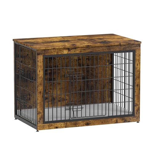Dog Crate Furniture with Cushion, Heavy-Duty Metal Mesh, Wooden End Table with Double Doors, Indoor Kennel for Small Breed, Grey K856