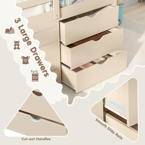Twin Low Loft Bed with 3 Storage Drawers, Slide, Ladder & Guardrails B4129