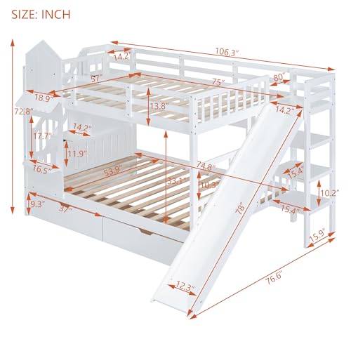 Twin Over Twin Bunk Bed with Stairs and Slide, Solid Wood Frame with Storage Y2445