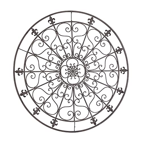 Metal Fleur De Lis Circle Wall Sculpture with Scrollwork, Black S3104