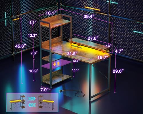 Reversible Gaming Desk with USB Charging Port and LED Lights, 40 Inch Computer Desk with Storage Shelves C134