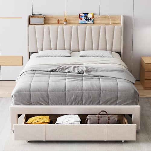 Queen Size Bed Frame with Storage Headboard and Drawers H139426