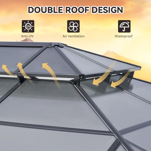 12x16 Hardtop Gazebo with Netting and Curtains, Aluminum Frame, Polycarbonate Roof N71921