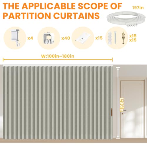 Accordion Room Divider Curtains with Ceiling Track, Grey, W100 x L84 J296