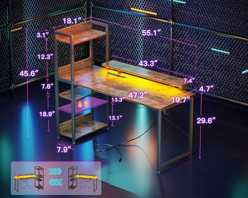 Reversible Gaming Desk with USB Charging Port and LED Lights, 40 Inch Computer Desk with Storage Shelves C134
