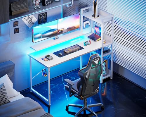 Reversible Gaming Desk with USB Charging Port and LED Lights, 40 Inch Computer Desk with Storage Shelves C134