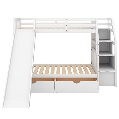 Twin Over Full Bunk Bed with Slide and Stairs for Kids E212