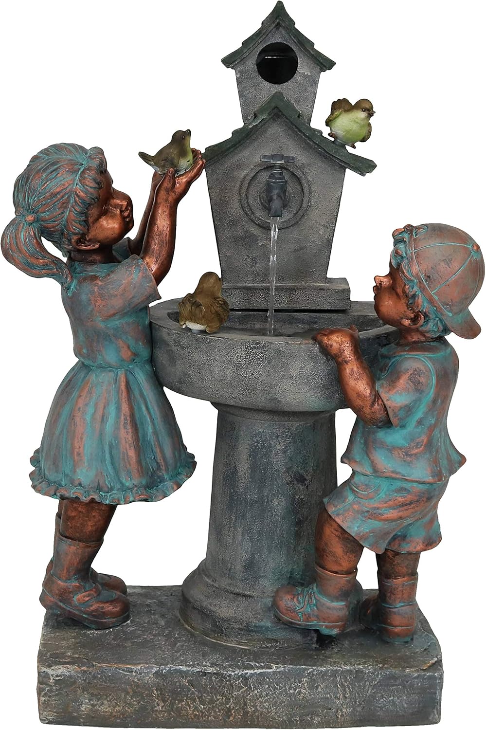 Sunnydaze 30-Inch Boy and Girl at Bird Bath Outdoor Water Fountain - Electric Submersible Pump with Adjustable Flow