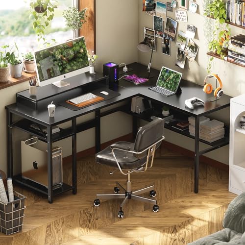 Reversible L Shaped Desk with Power Outlets and LED Light, Corner Computer Desk with Monitor Stand and Storage Shelves, Black D613