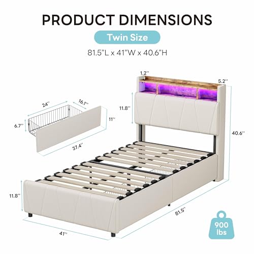 Twin Bed Frame with 2 Storage Drawers, Charging Station & LED Lights, Upholstered Platform Bed, Beige Q69205