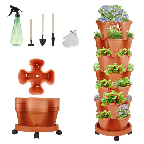 2 Set of 7 Tier Vertical Garden Planter - Strawberry Planter with Watering Bottle Removable Wheels and Tools - Stackable Planters for Strawberry Herb Garden Greenstalk and Flower - White