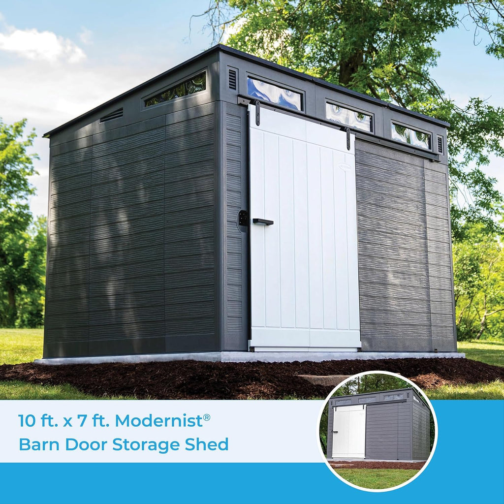 Outdoor Plastic Storage Shed 10x7 ft with Sliding Barn Door, Gray and Black G809