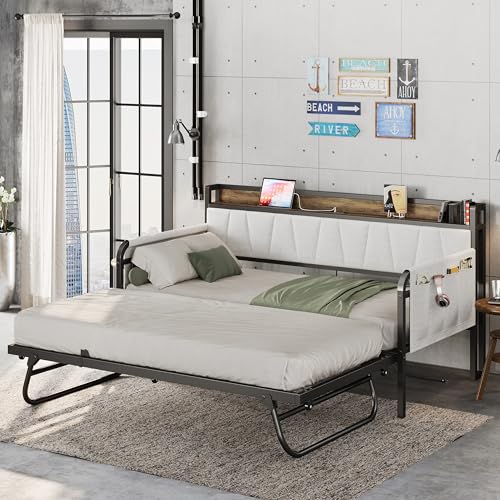 Daybed with Trundle and Storage Headboard, Twin Size, Grey M473750