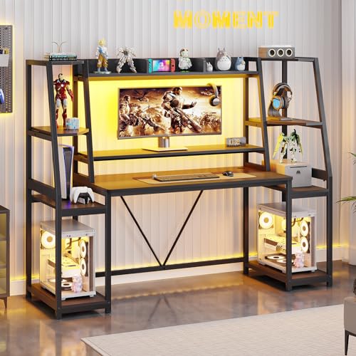 Gaming Desk with LED Lights, Hutch and Storage Shelves, Black R364