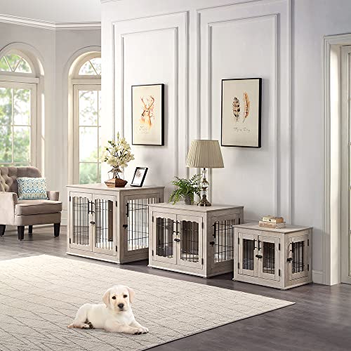 Wooden Dog Crate End Table with Double Doors and Pet Bed T245171
