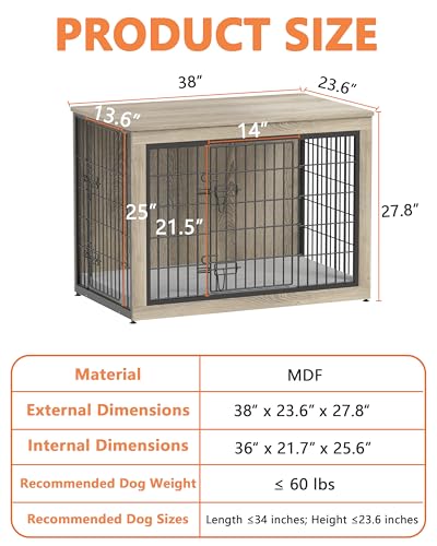 Dog Crate Furniture with Cushion, Heavy-Duty Metal Mesh, Wooden End Table with Double Doors, Indoor Kennel for Small Breed, Grey K856