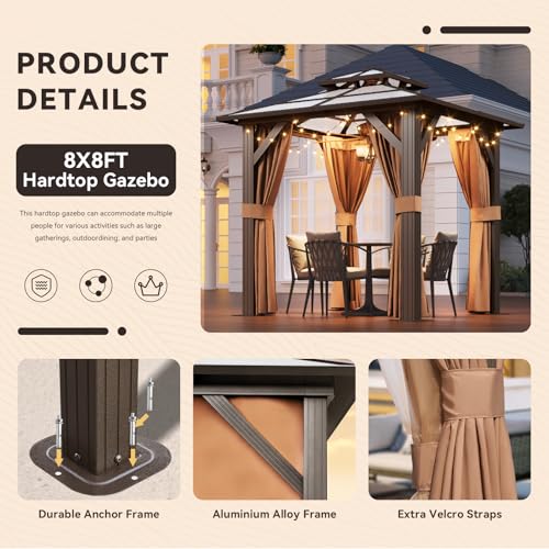 12x16 Hardtop Gazebo with Netting and Curtains, Aluminum Frame, Polycarbonate Roof N71921