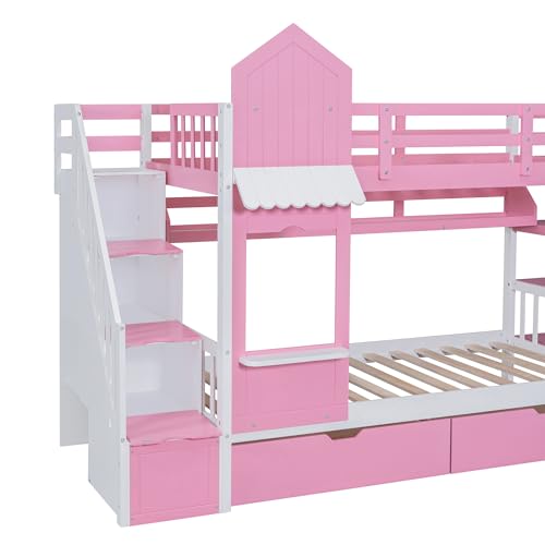 Twin Over Twin Bunk Bed with Stairs and Slide, Solid Wood Frame with Storage Y2445